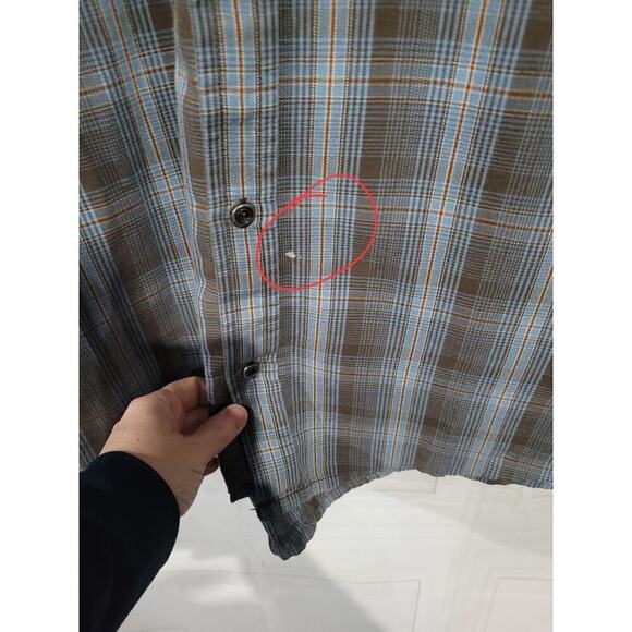 Prana Mens SZ XX Large Button Up Shirt FLAWED Plaid Brown Blue Long Sleeve - Picture 12 of 12